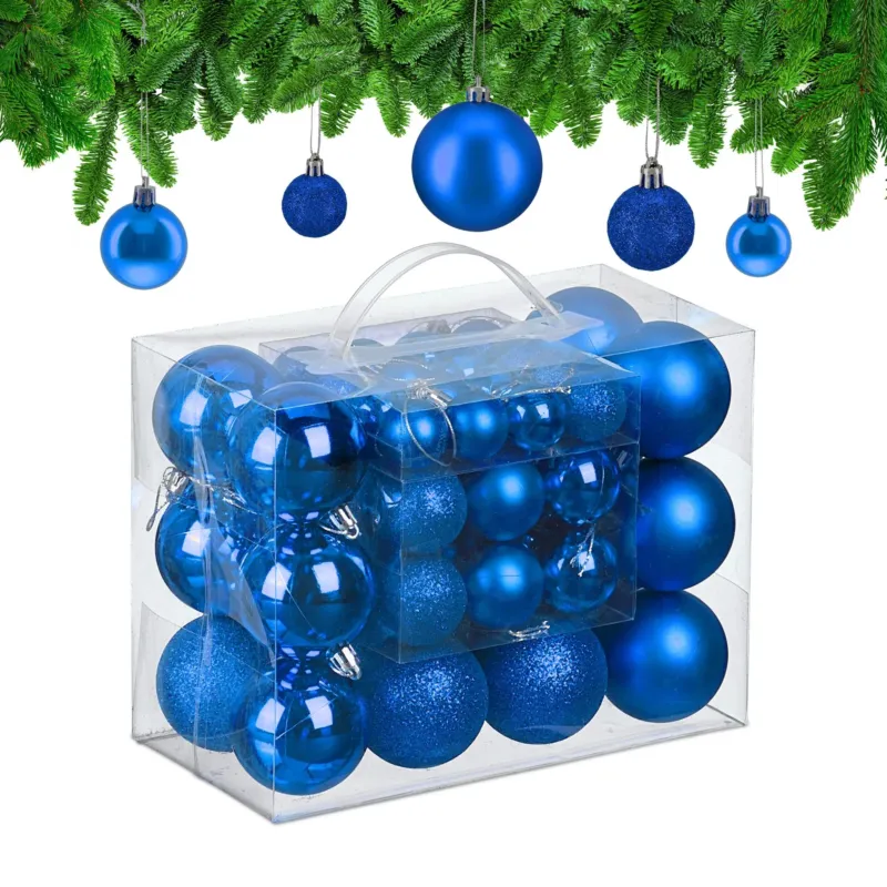 Weihnachtskugeln 50er-Set Matt-Glänzend-Glitzer Blau-Silber von Relaxdays