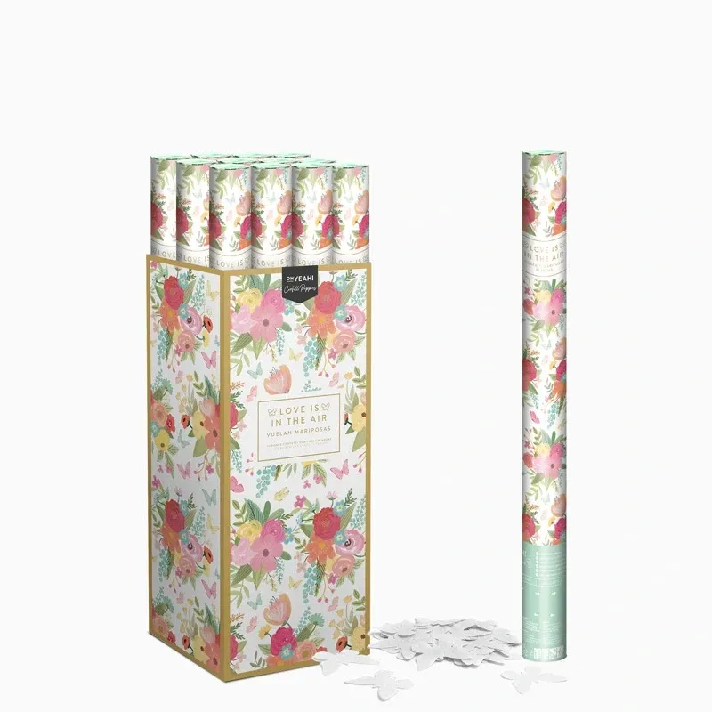 Set 12 Cañones Confeti Mariposas Biodegradable 60 cm Blanco + Caja Expositora