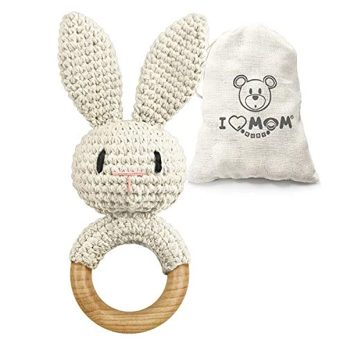 Rattle baby wooden toy teether baby handmade rabbit rattle grasping toy