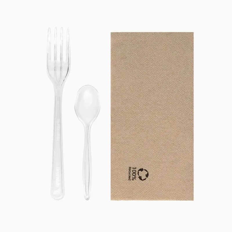 Set Tenedor + Cucharita Postre Plástico PS Reutilizable 18.5 cm Transparente con Servilleta Kraft