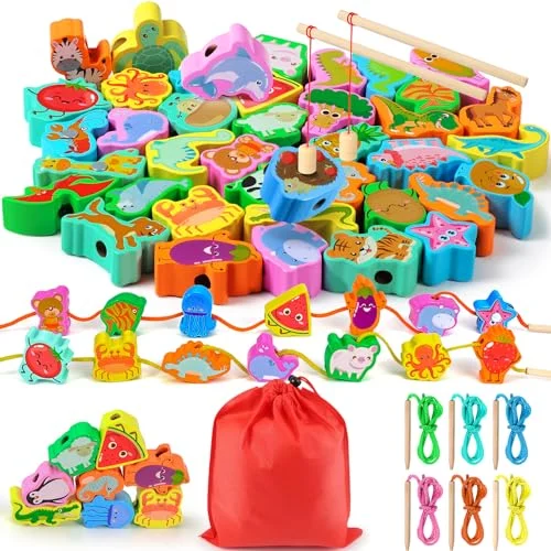 Threading game with wooden beads, motor skills toy Educational toy Wooden toy