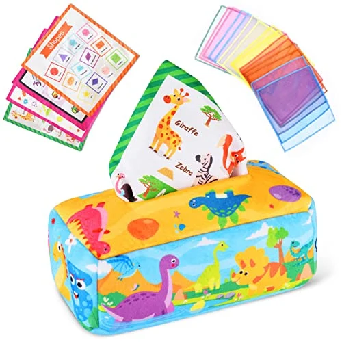 Baby Tissue Box Toy,Baby Toy Sensory Toy Baby,Tissue Box Toy with 4 Crinkle Paper and 15 Colorful Silk Scarves