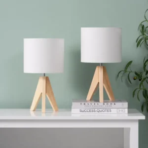 Set of 2 Wooden Table Lamps, LED Bedside Lamp with Lampshade