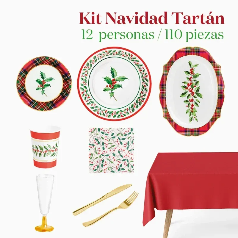 Kit Mesa Premium Navidad 12 Personas Tartán 110 piezas