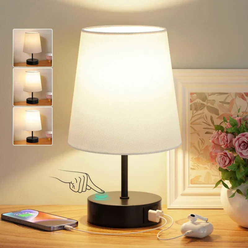 Bedside Lamp Touch Dimmable, USB A+C Charging Function, Table Lamp with Lampshade