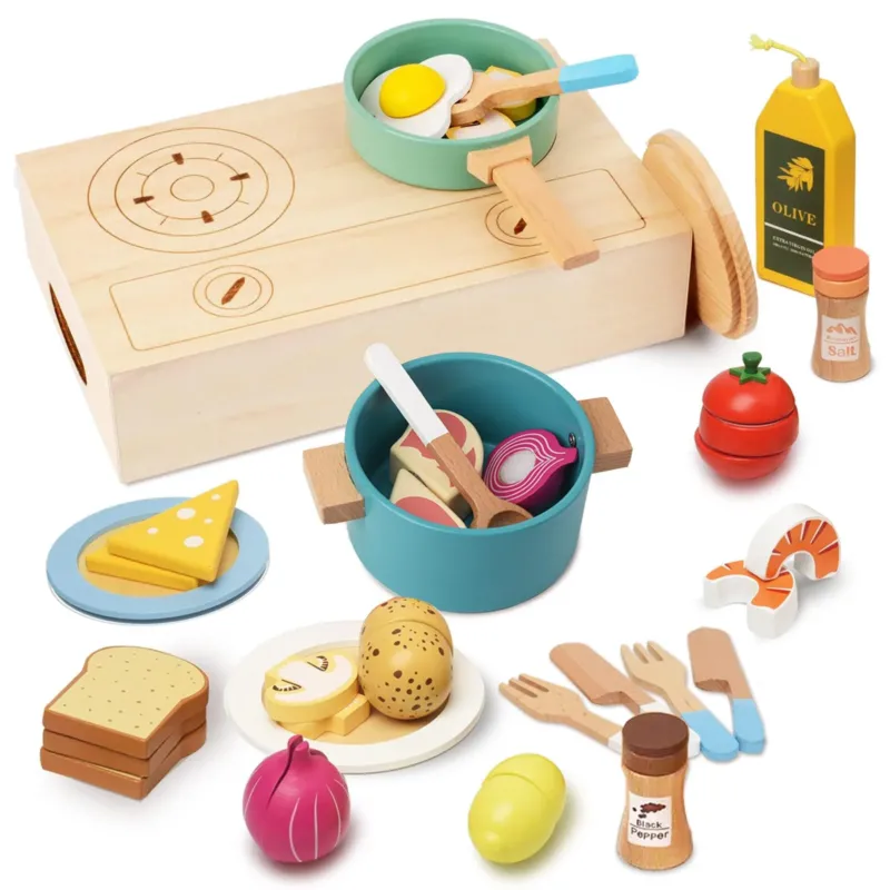 Children's kitchen accessories wood, play kitchen pots & dishes, wooden toy food for cutting