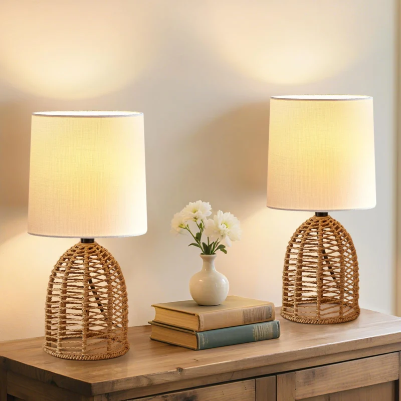 Bedside Lamp Set of 2 Rattan, Boho Table Lamp