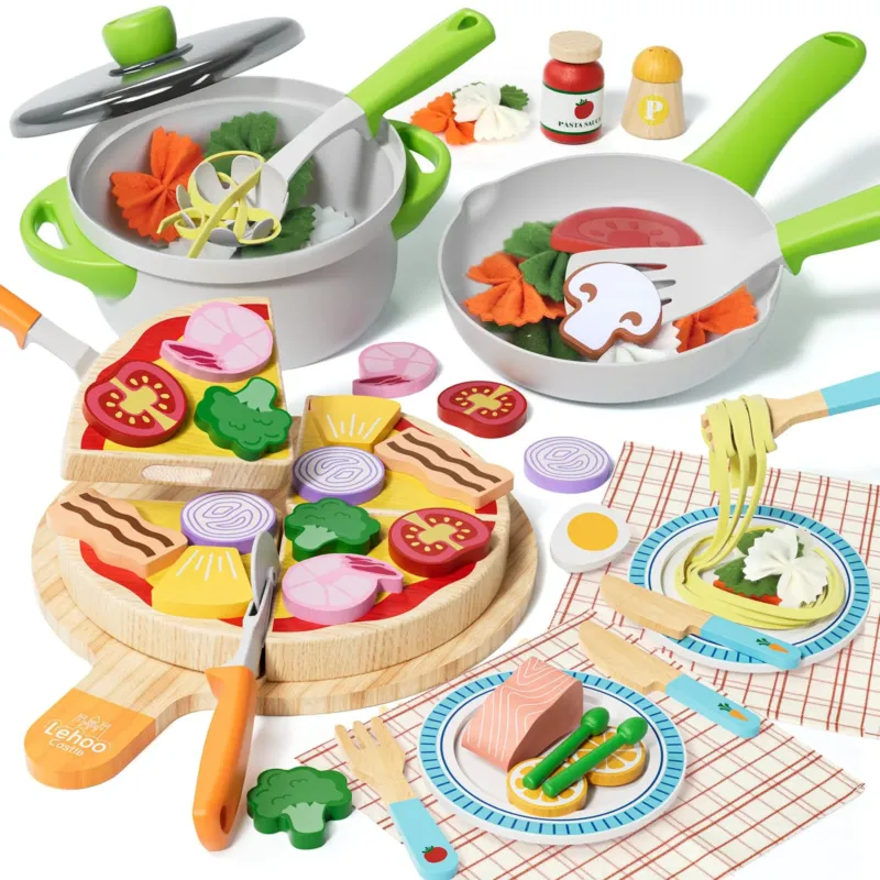 Pizza children's kitchen, play kitchen accessories wood pizza & fabric pasta, play food, kitchen toy, role play toy