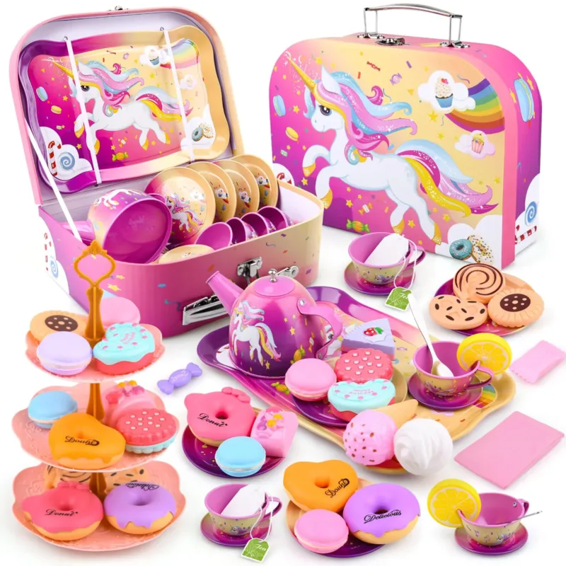 Tea set children's tea party role play toy carrying case for small pewter