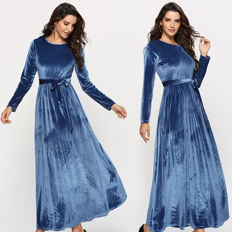 Damen Maxikleid aus Samt mit Taillengürtel und langem A‑Linien‑Rock – Valéora