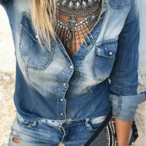 Jeansbluse, geknöpfte Taschen, Kragen, Langarmshirt, Damenmode, Vintage, Freizeitjacke – Célinea