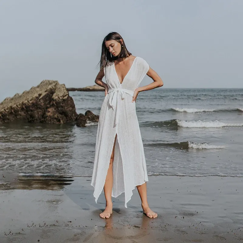 Damen luftiges Strandkleid mit Bindegürtel – Lunéa