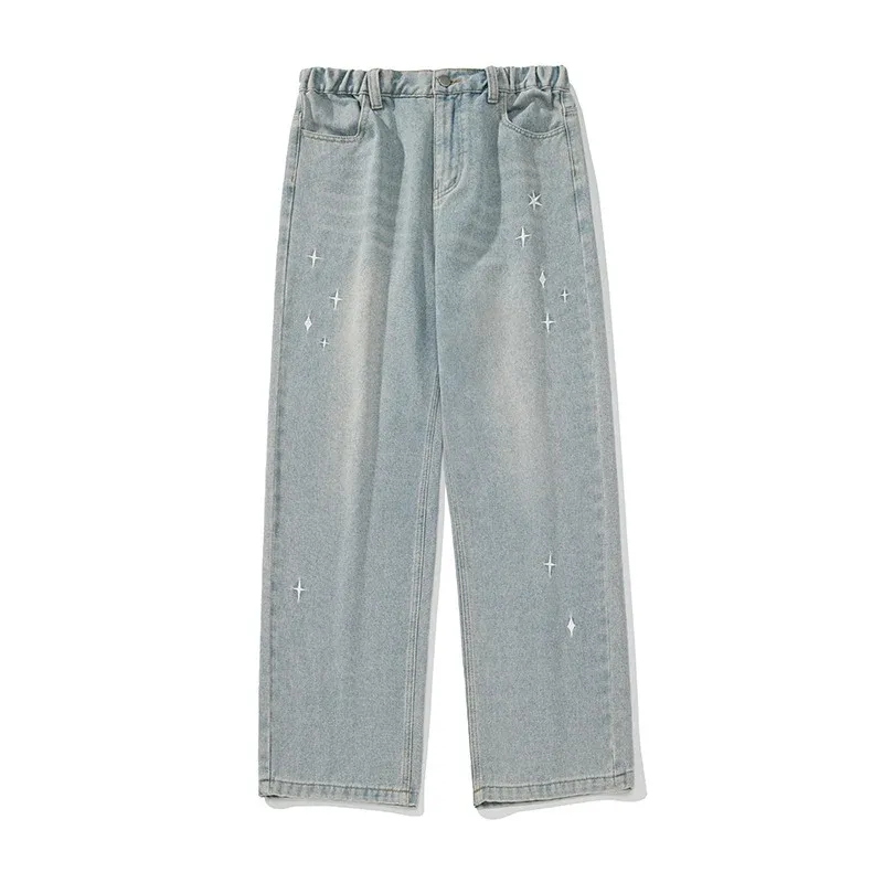 Damen Hochgeschnittene weite Denim‑Hose mit elastischem Paperbag‑Bund und Sternstickerei Echo Archiv