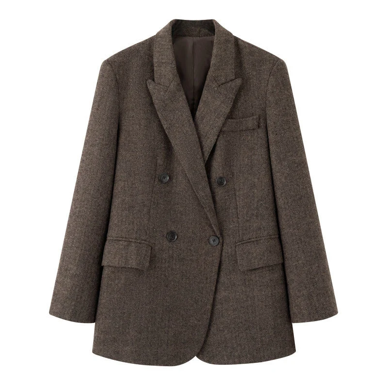 Damen Zweireihiger Wollmix-Blazer im Fischgrätmuster mit Pattentaschen Echo Archiv