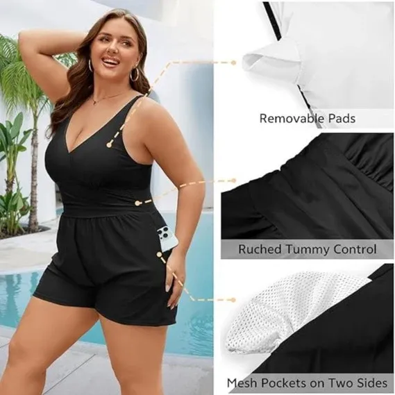 Damen Playsuit mit tiefem V-Ausschnitt und seitlichen Taschen – Solévia