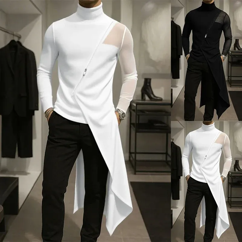 Damen avantgardistisches Longshirt mit schrägem Reißverschluss, Stehkragen und unregelmäßigem Zipfelsaum – Avérine