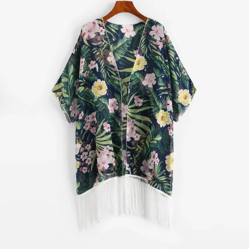 Damen Kimono mit floralem Design und Fransen – Avérine