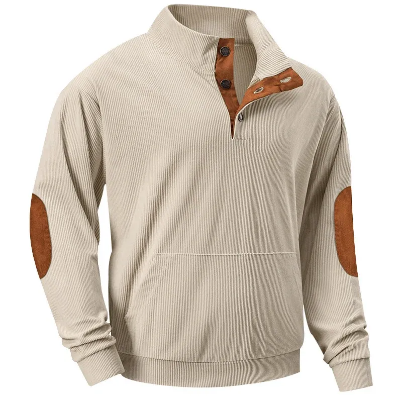Herren strukturiertes Halbkragen-Sweatshirt mit Ellbogenpatches, Kängurutasche und feiner Rippstruktur – Marzano