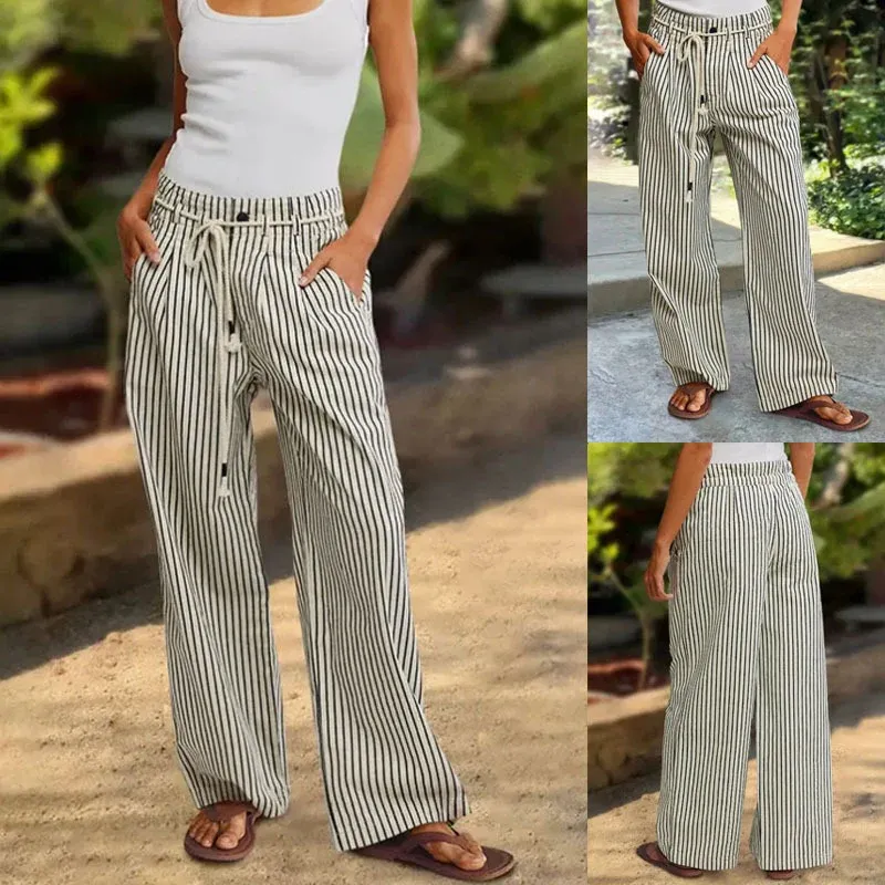 Damen Leichte Leinenoptik Palazzo‑Hose mit Gummibund, Kordelzug und senkrechtem Streifenmuster – Avélisse
