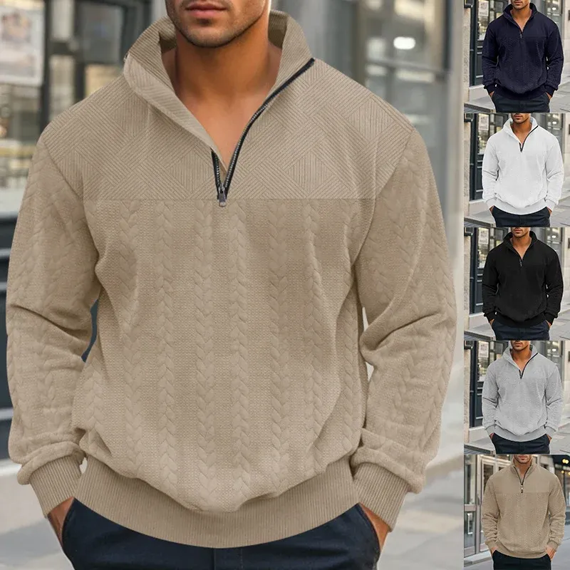 Herren strukturierter Halbzip-Strickpullover mit Stehkragen und Zopfmuster – Marzano