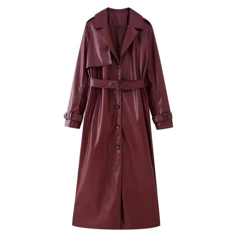 Damen langer veganer Trenchcoat in Lederoptik mit Taillengürtel und Schulterklappe – Montévia
