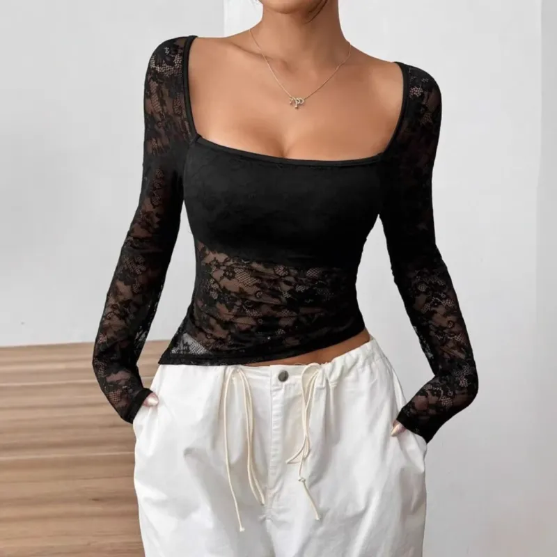 Damen Elegantes Langarm-Top aus Spitze – Orélia