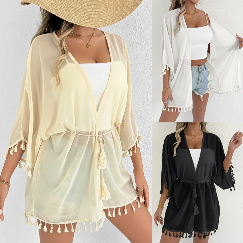Damen eleganter Strandponcho mit Quasten – Célinea