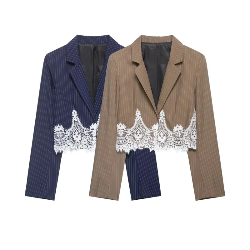 Damen Zweiteiliges Nadelstreifen-Blazer und Maxirock Set mit Spitzen-Camisole Echoarchiv