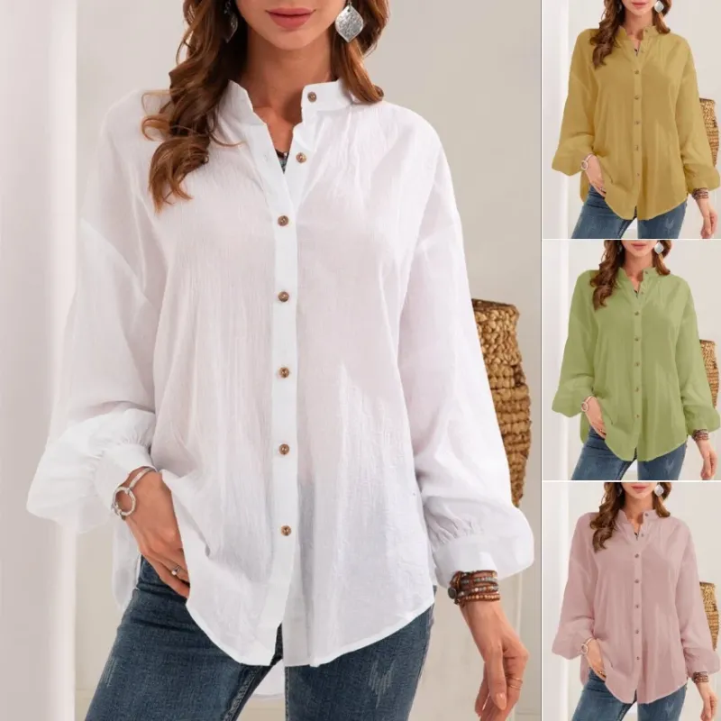 Damen Lose Crinkle Bluse Top mit Stehkragen und Ballonärmeln – Élovi