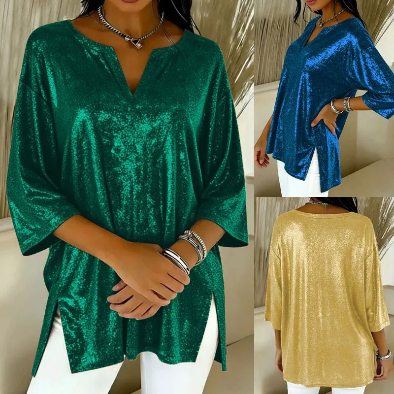 Damen Glänzendes Oversize-Tunika-Shirt mit V‑Ausschnitt und Seitenschlitzen – Orélia