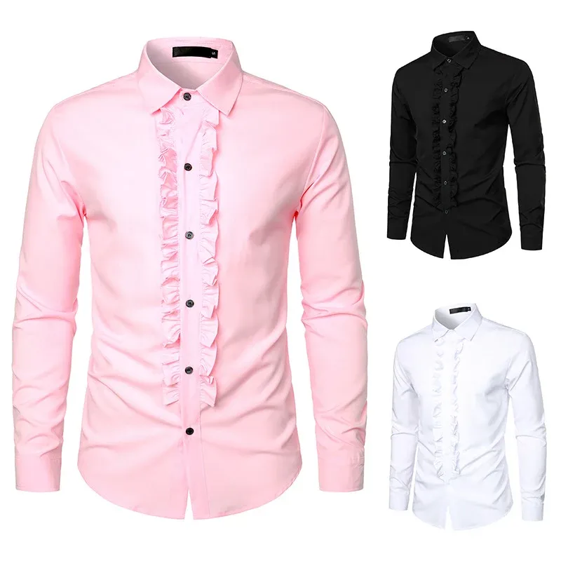 Herren Rüschenhemd Slim-Fit Businesshemd mit italienischem Kragen und verdeckter Knopfleiste – Tianoro
