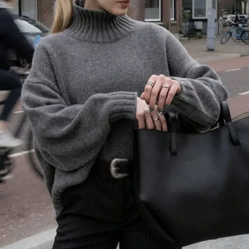 Damen Boxy-Rollkragenpullover aus feinem Wollmix mit Ballonärmeln und überschnittener Schulter – Mavelle