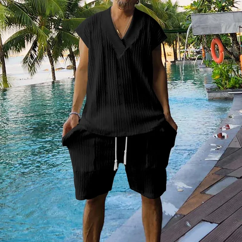 Herren lässiges Kurzarm-Oberteil und Shorts-Set im strukturierten Design – Marzano