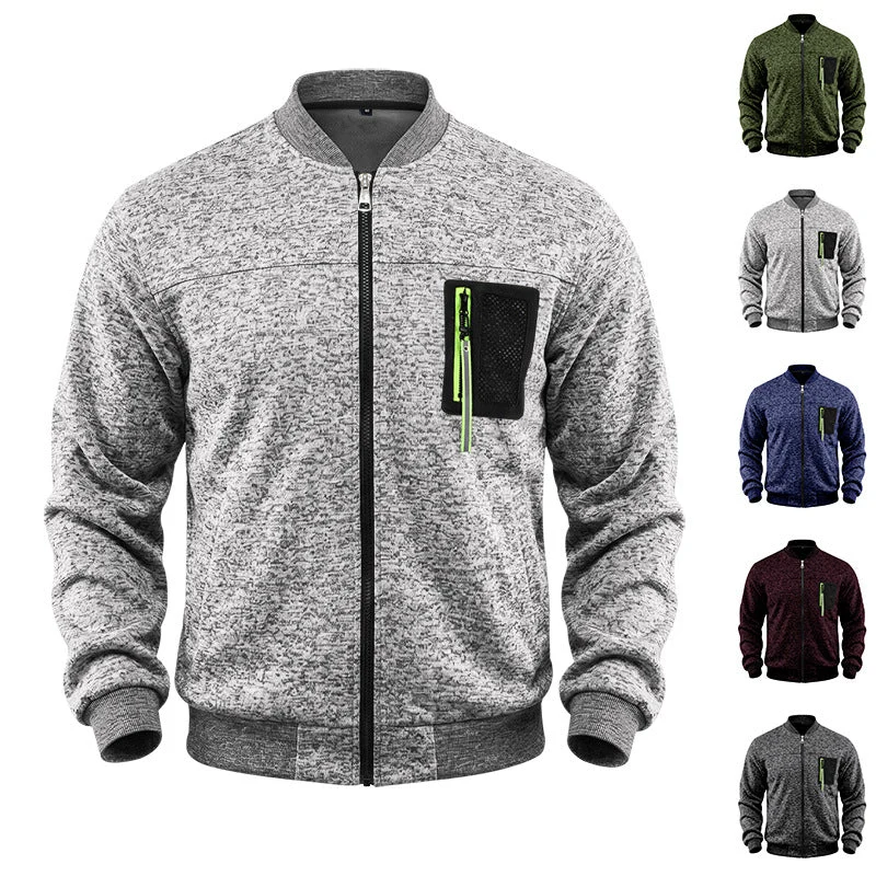 Herren melierte Bomberjacke mit Reißverschluss-Brusttasche und Rippbündchen – Brevano