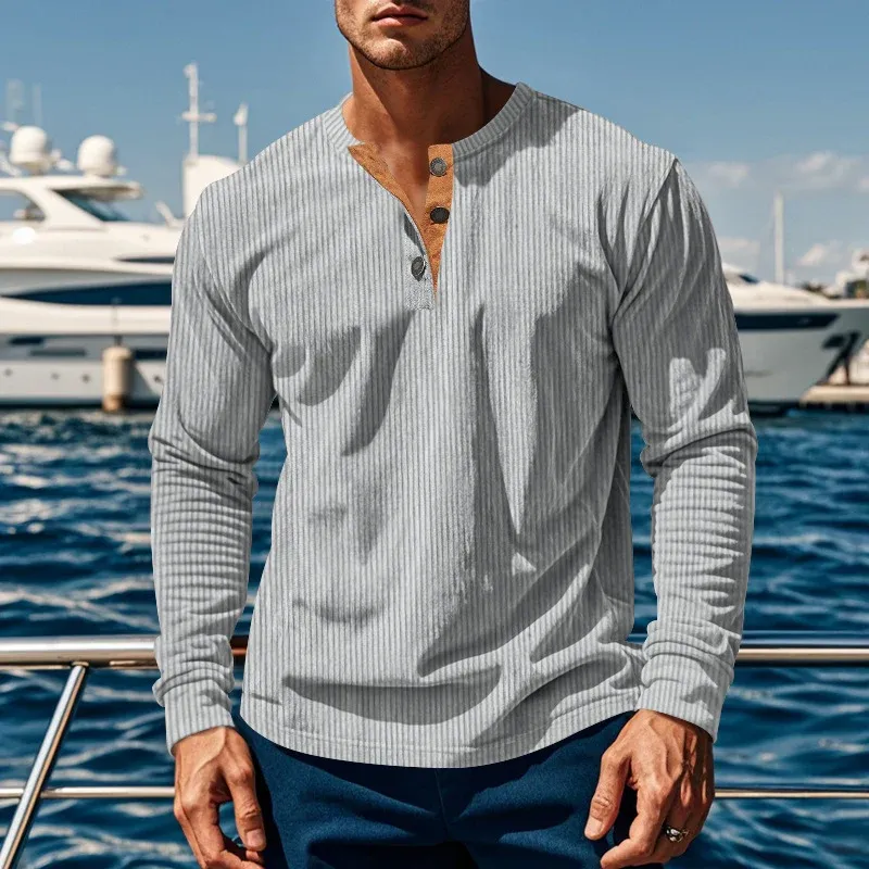 Herren Langarm-Henley-Shirt mit strukturiertem Design – Arvello