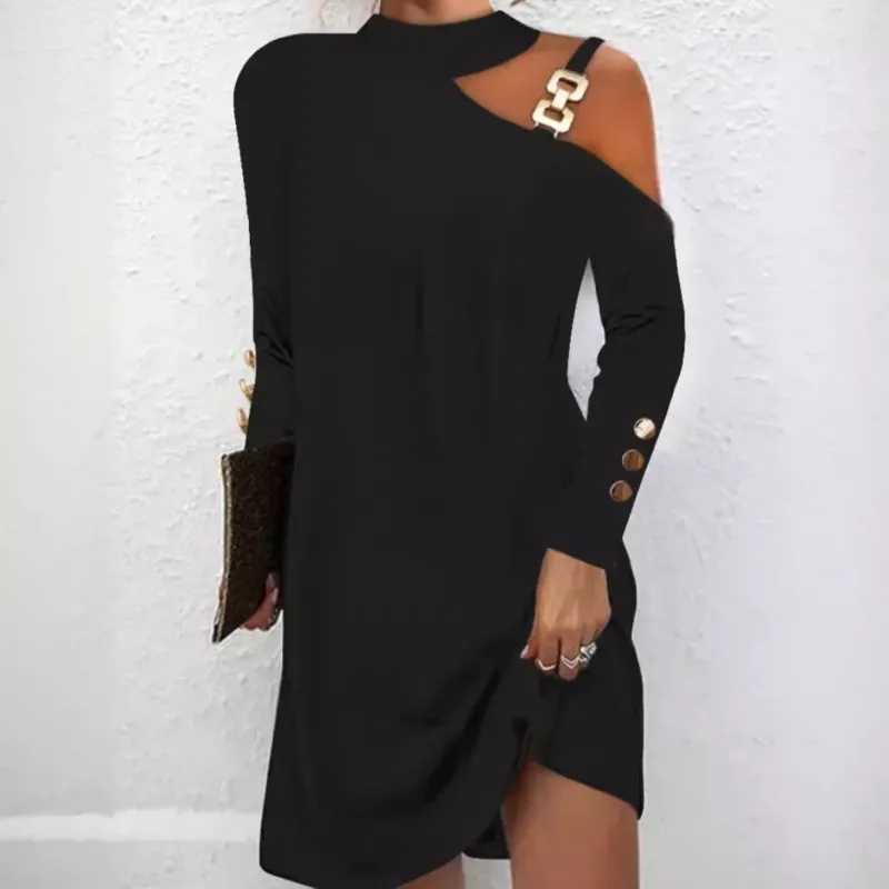 Damen asymmetrisches Minikleid mit Stehkragen, Cut-Out-Schulter und Zierkettenträger – Élara