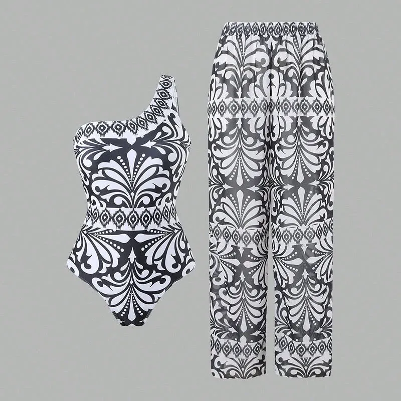 Damen einteiliger Badeanzug mit farbenfrohem Druck und passender Palazzo-Hose – Maréssa