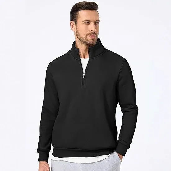 Herren halbzip Pullover aus schwerer Baumwollmischung mit hohem Stehkragen und gerippten Bündchen – Cavarno