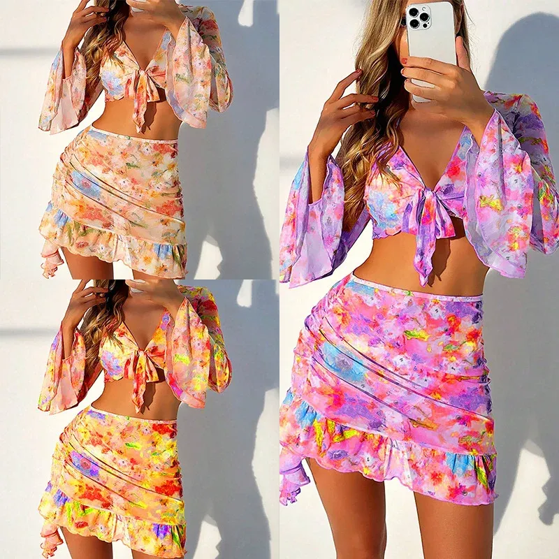 Damen Zweiteiliges Set mit floralem Crop-Top und Rüschenshorts – Élanora