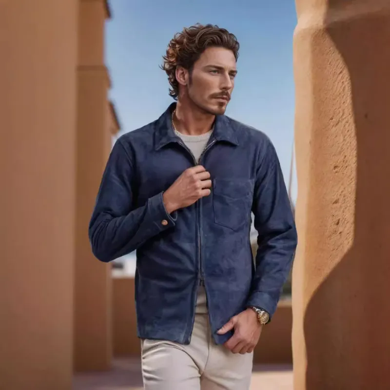Herren Wildlederjacke mit modernem Stehkragen und praktischen Taschen – Valtoré