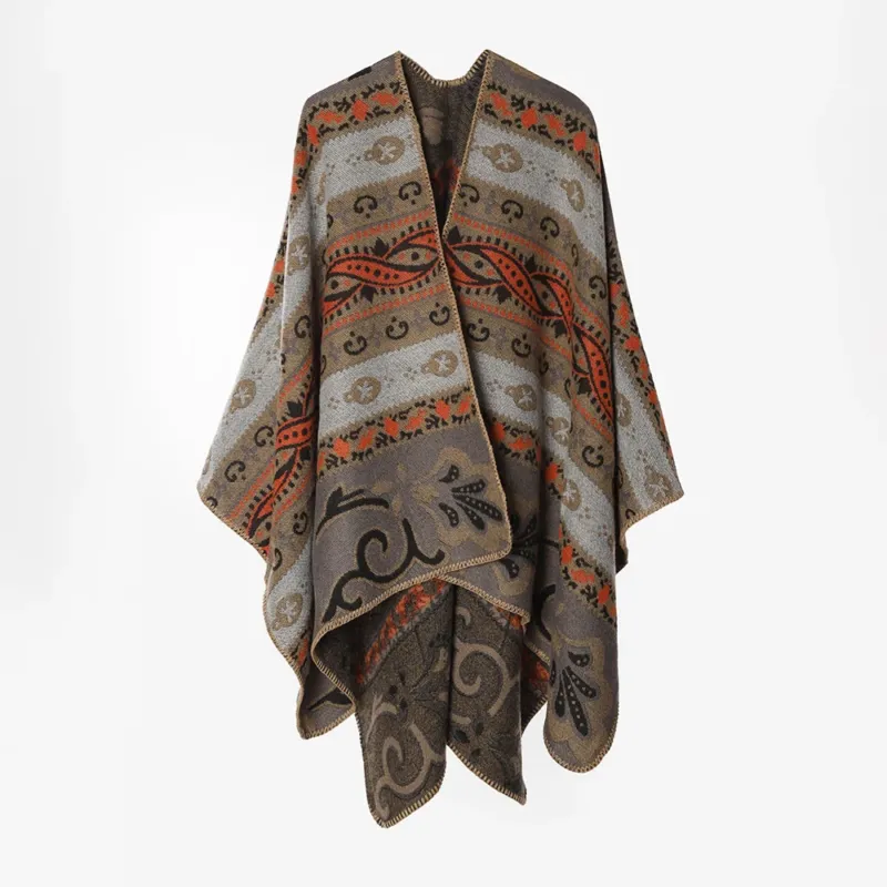 Damen Gewebter Ornament-Poncho im Rechteckschnitt mit feiner Kettelung – Avérine