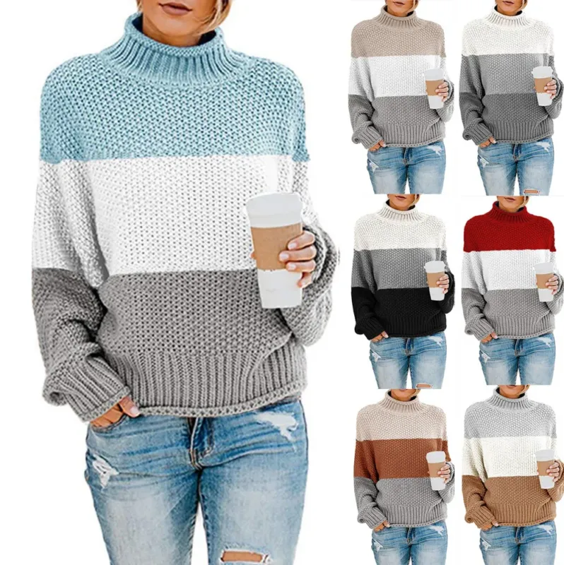 Damen grobstrick Rollkragenpullover mit Oversize-Schnitt und Blockstreifen-Optik – Mavelle