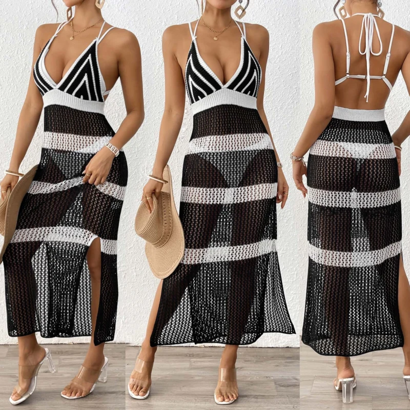 Damen gehäkelter Strandüberwurf mit stilvollem V-Ausschnitt und eleganten Streifendetails – Avérine