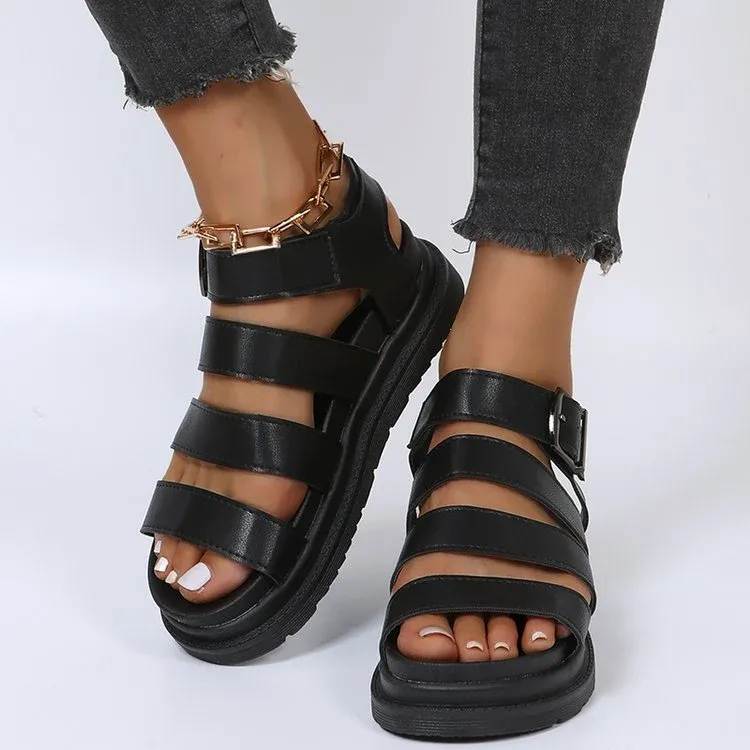 Damen Plateausandalen mit vier Riemen und verstellbarer Metallschnalle – Sorelia