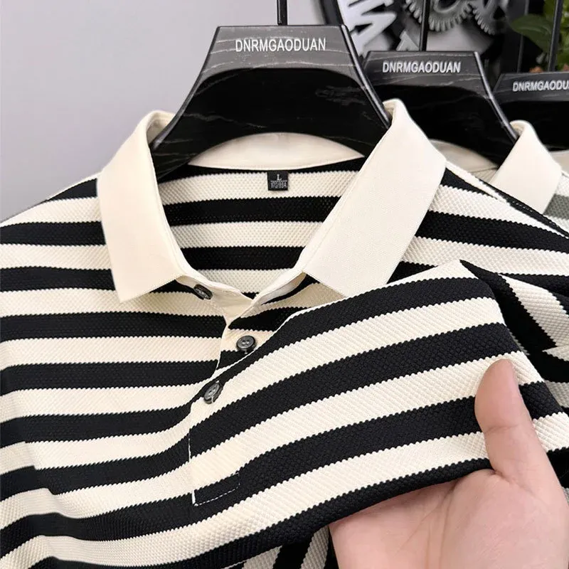 Herren Poloshirt mit strukturiertem Streifenmuster und innovativer Knopfleiste – Cavello