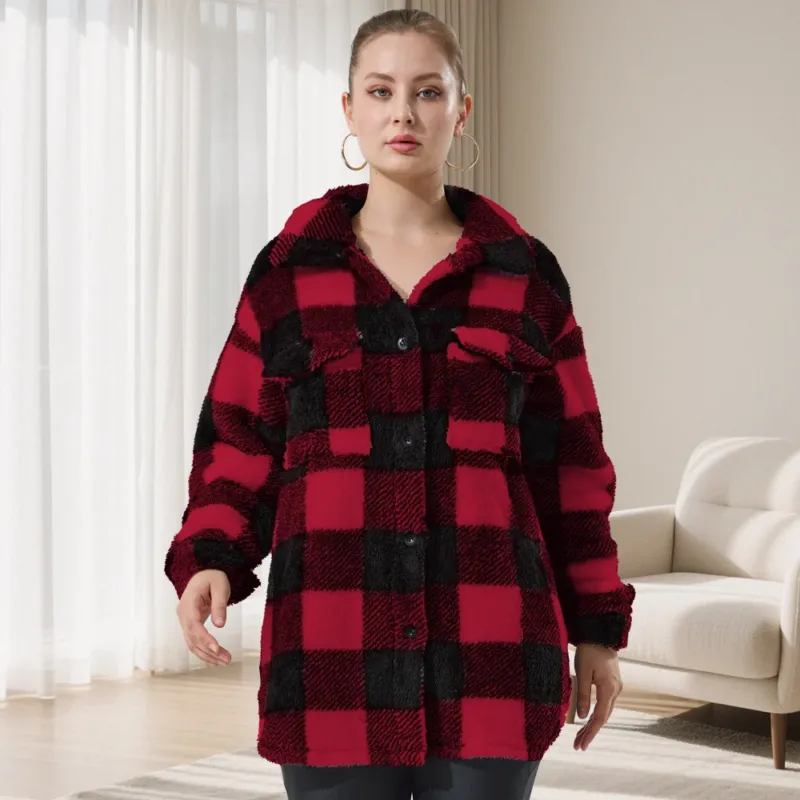 Damen Oversized Teddy-Hemdjacke mit Karomuster – Célinea