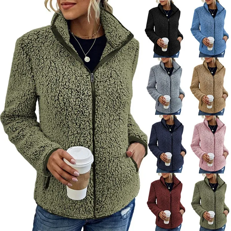 Damen kuschelige Teddy-Fleecejacke mit Stehkragen und Reißverschluss Echoarchiv