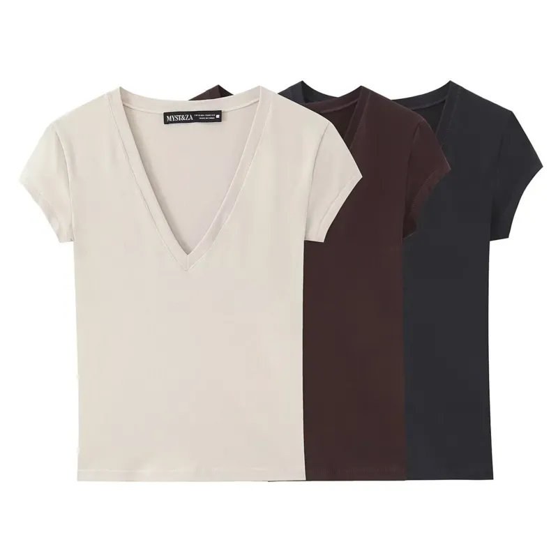 Damen V-Pullover aus hochwertigem Baumwollmix mit kurzer Ärmellänge – Mavelle