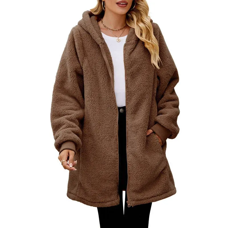 Damen kuschelige Fleecejacke mit Kapuze und Reißverschluss – Célinea
