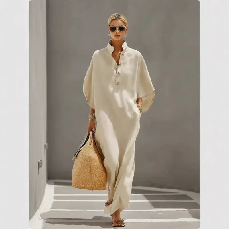 Damen Weites Kaftan-Midikleid mit Stehkragen und 3-Knopf-Blende – Élara